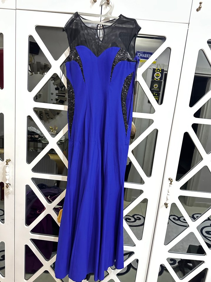 Uzun Kollu Mavi Kadın Abiye Elbise - Görsel 2