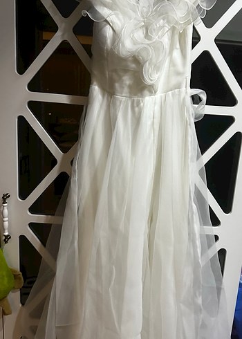 Beyaz madonna yaka Uzun A Kesim beyaz elbise - Görsel 2