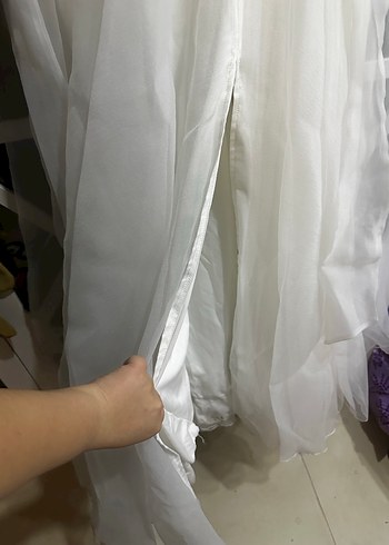 Beyaz madonna yaka Uzun A Kesim beyaz elbise - Görsel 9