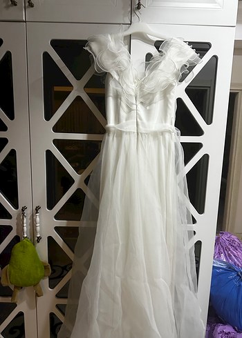 Beyaz madonna yaka Uzun A Kesim beyaz elbise - Görsel 6