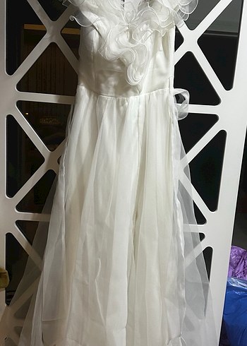 Beyaz madonna yaka Uzun A Kesim beyaz elbise - Görsel 5