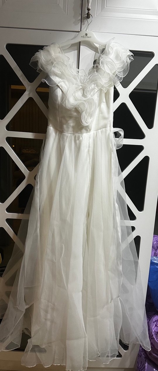 Beyaz madonna yaka Uzun A Kesim beyaz elbise - Görsel 4