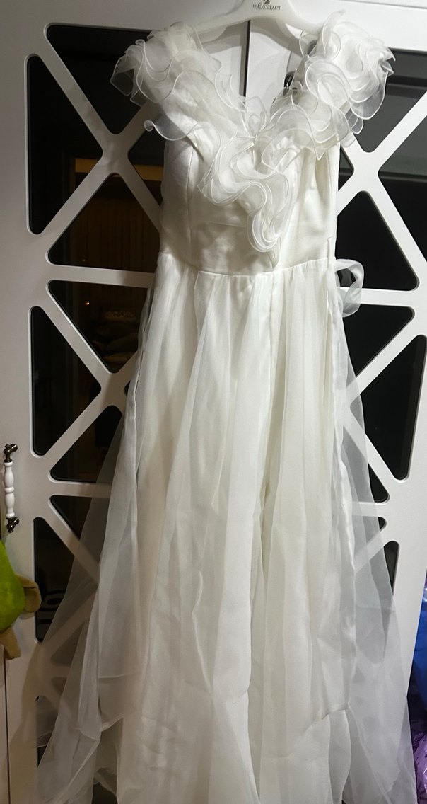 Beyaz madonna yaka Uzun A Kesim beyaz elbise - Görsel 2