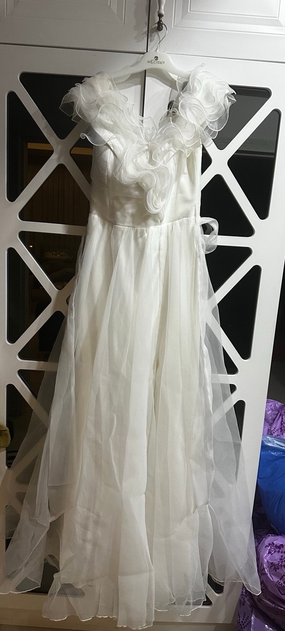 Beyaz madonna yaka Uzun A Kesim beyaz elbise - Görsel 5