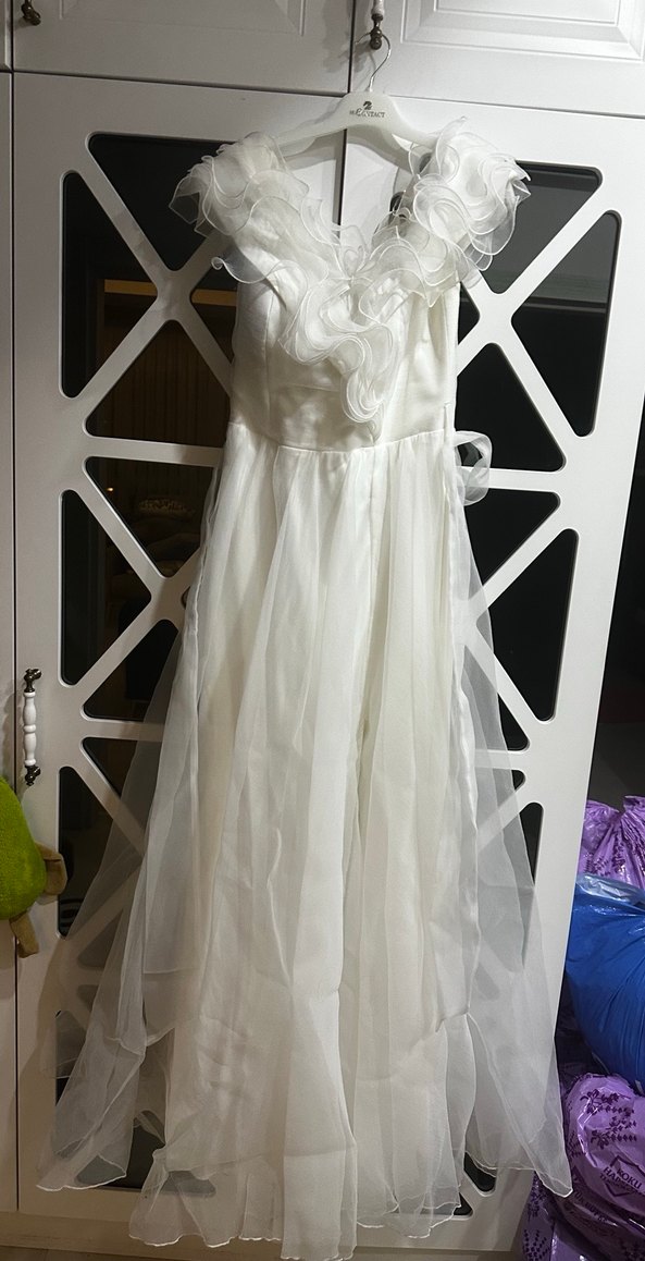 Beyaz madonna yaka Uzun A Kesim beyaz elbise - Görsel 3