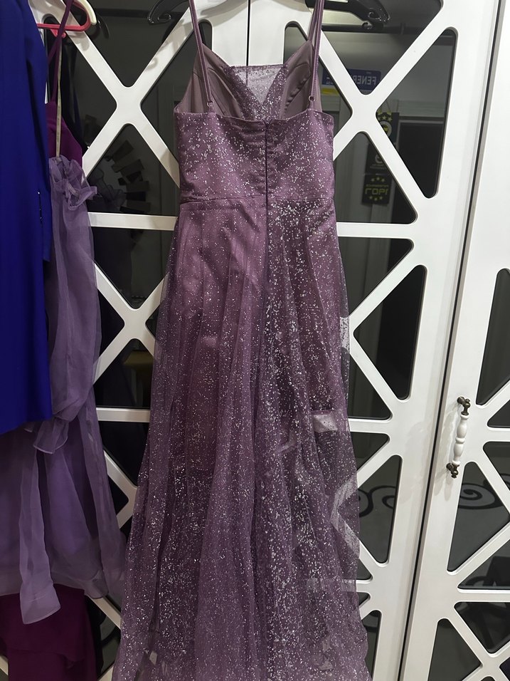 Parlak Mor Uzun Askılı Gece Elbisesi - Görsel 5