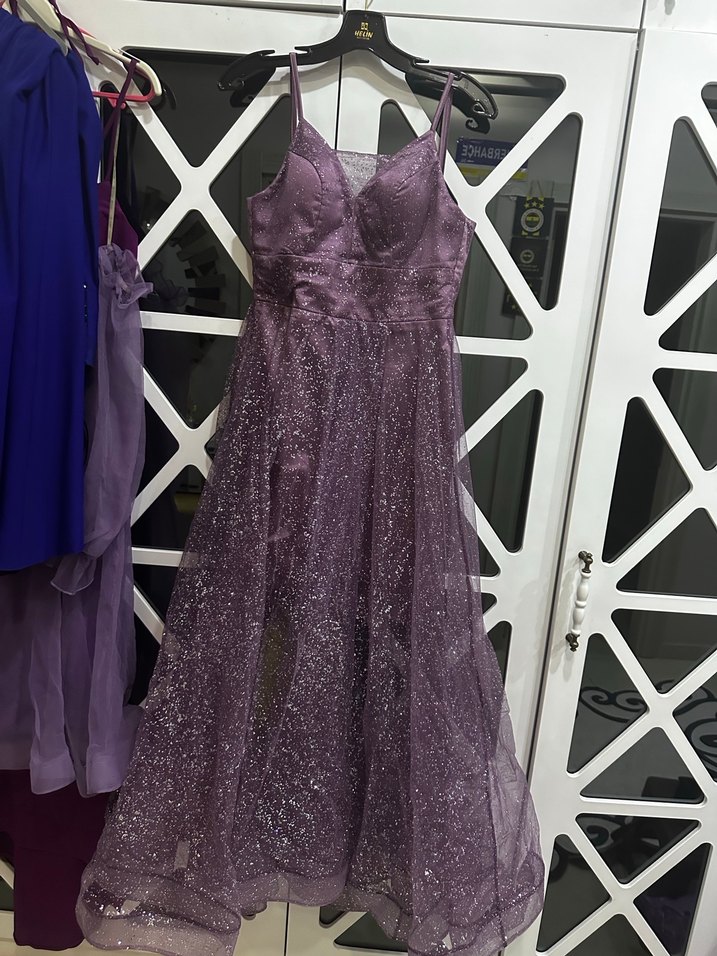 Parlak Mor Uzun Askılı Gece Elbisesi - Görsel 2