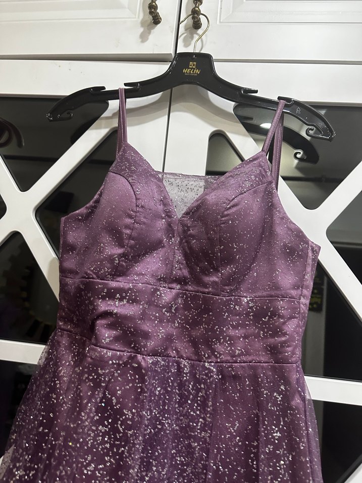 Parlak Mor Uzun Askılı Gece Elbisesi - Görsel 3