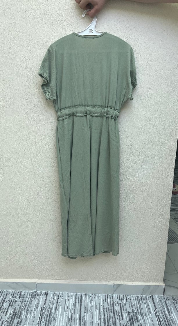 Kemerli V Yaka Keten Uzun Elbise - Görsel 2