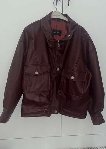 Bordo Deri Kadın Ceket, Düğmeli, Regular Fit - Görsel 3