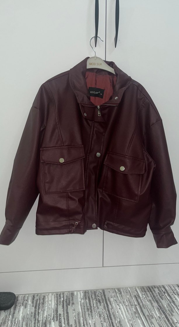 Bordo Deri Kadın Ceket, Düğmeli, Regular Fit - Görsel 3