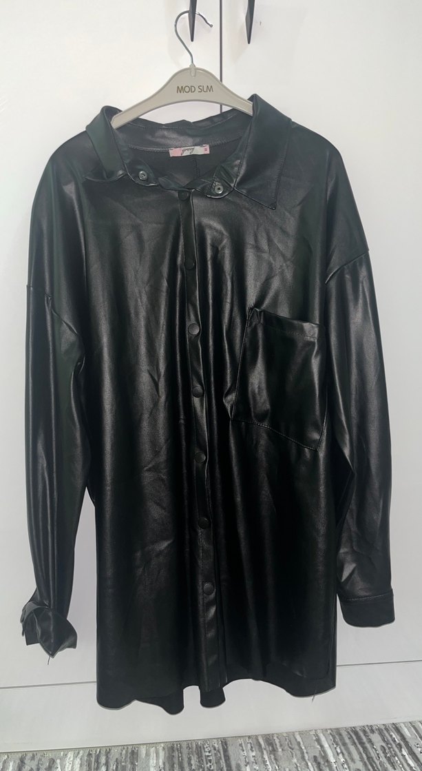 Düğmeli Siyah Deri Kadın Ceket - Görsel 2