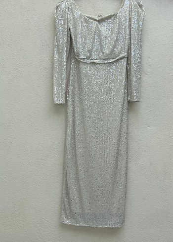 Uzun Kollu Gri Drapeli Abiye Elbise - Görsel 4