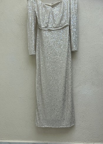 Uzun Kollu Gri Drapeli Abiye Elbise - Görsel 2