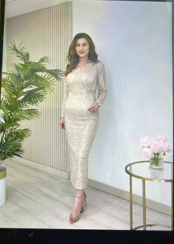 Uzun Kollu Gri Drapeli Abiye Elbise - Görsel 5