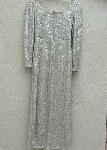 Uzun Kollu Gri Drapeli Abiye Elbise - Görsel 3