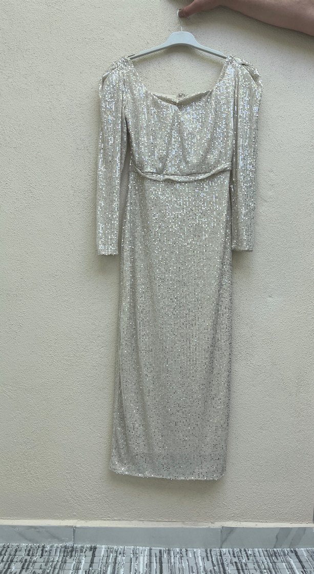 Uzun Kollu Gri Drapeli Abiye Elbise - Görsel 4