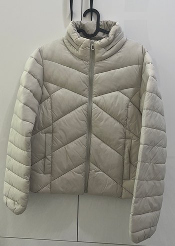 Bej Kadın Kışlık Mont, Fermuarlı, Yüksek Yakalı - Görsel 4