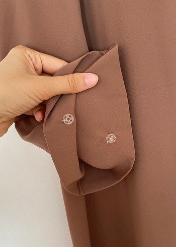 V Yaka Uzun Kollu Bej Kadın Elbise - Görsel 2