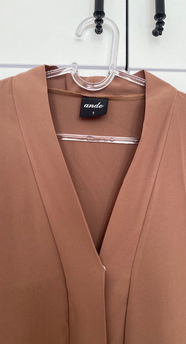 V Yaka Uzun Kollu Bej Kadın Elbise - Görsel 4