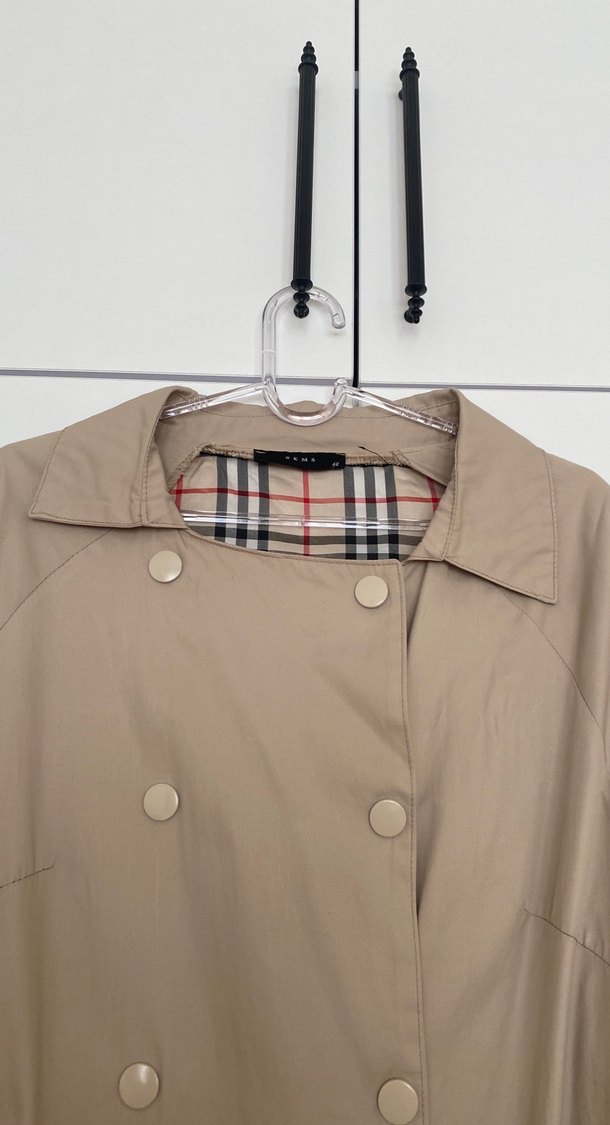 Bej Düğmeli Uzun Keten Kadın Trençkot - Görsel 4