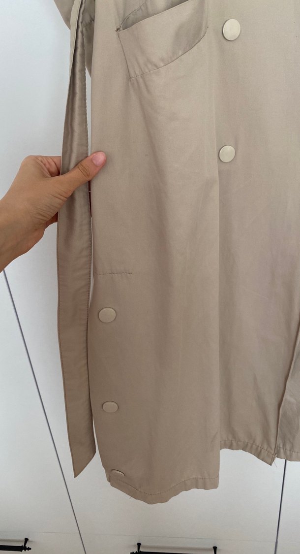 Bej Düğmeli Uzun Keten Kadın Trençkot - Görsel 3