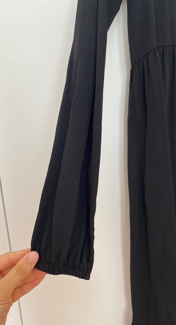 Siyah Uzun Keten Elbise, Bol Kesim, Drapeli - Görsel 2