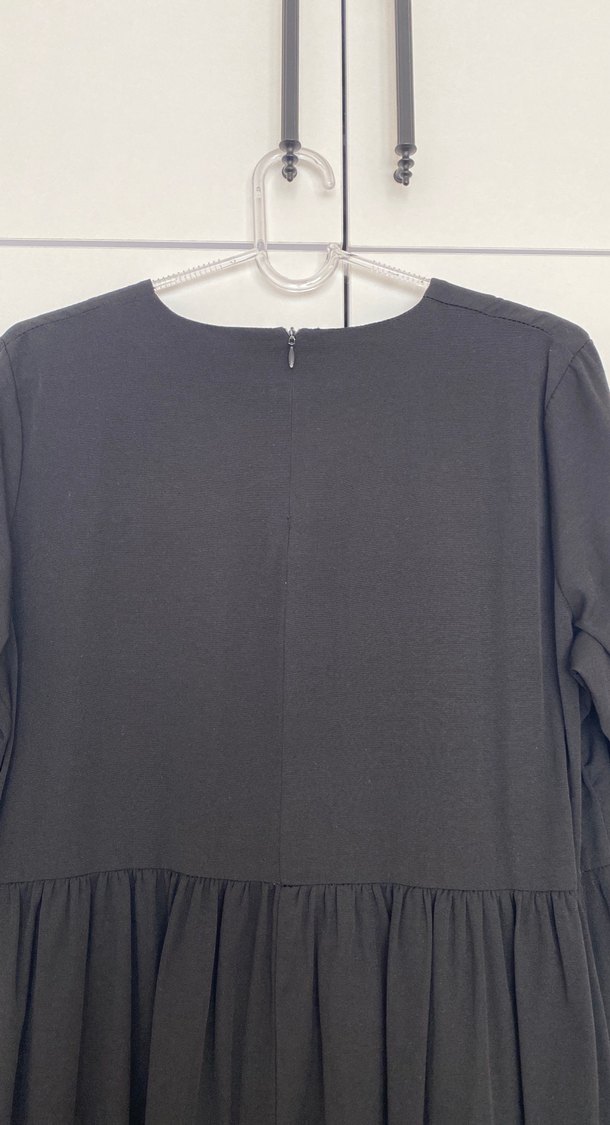 Siyah Uzun Keten Elbise, Bol Kesim, Drapeli - Görsel 3