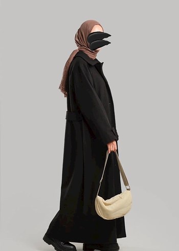 Siyah Uzun Kadın Kaban Notch Yaka - Görsel 5