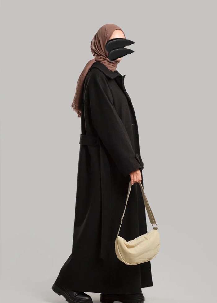 Siyah Uzun Kadın Kaban Notch Yaka - Görsel 5