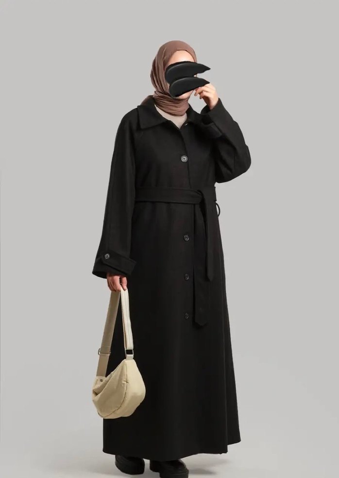 Siyah Uzun Kadın Kaban Notch Yaka - Görsel 4
