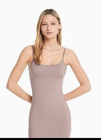 xs Beden camel Renk Bershka uzun streç elbise