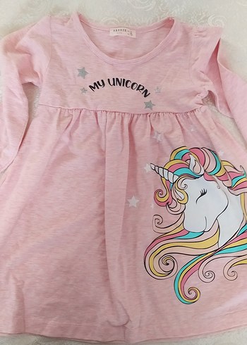 Kız Çocuk Pembe Uzun Kollu Unicorn Elbise - Görsel 2