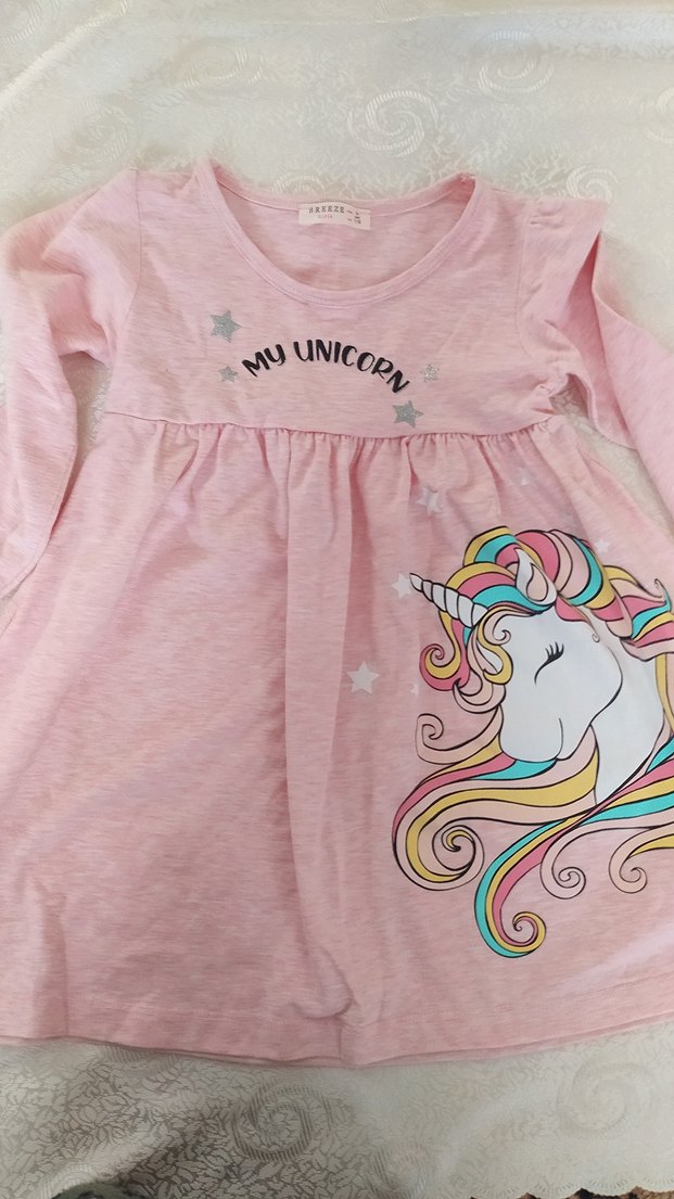 Kız Çocuk Pembe Uzun Kollu Unicorn Elbise - Görsel 2