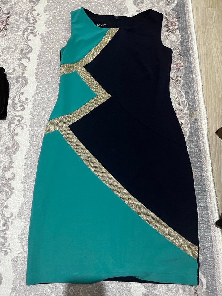 Turkuaz Siyah Drapeli Uzun Abiye Elbise - Görsel 2