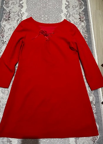 Kırmızı V Yaka Uzun Kollu Elbise - Görsel 2