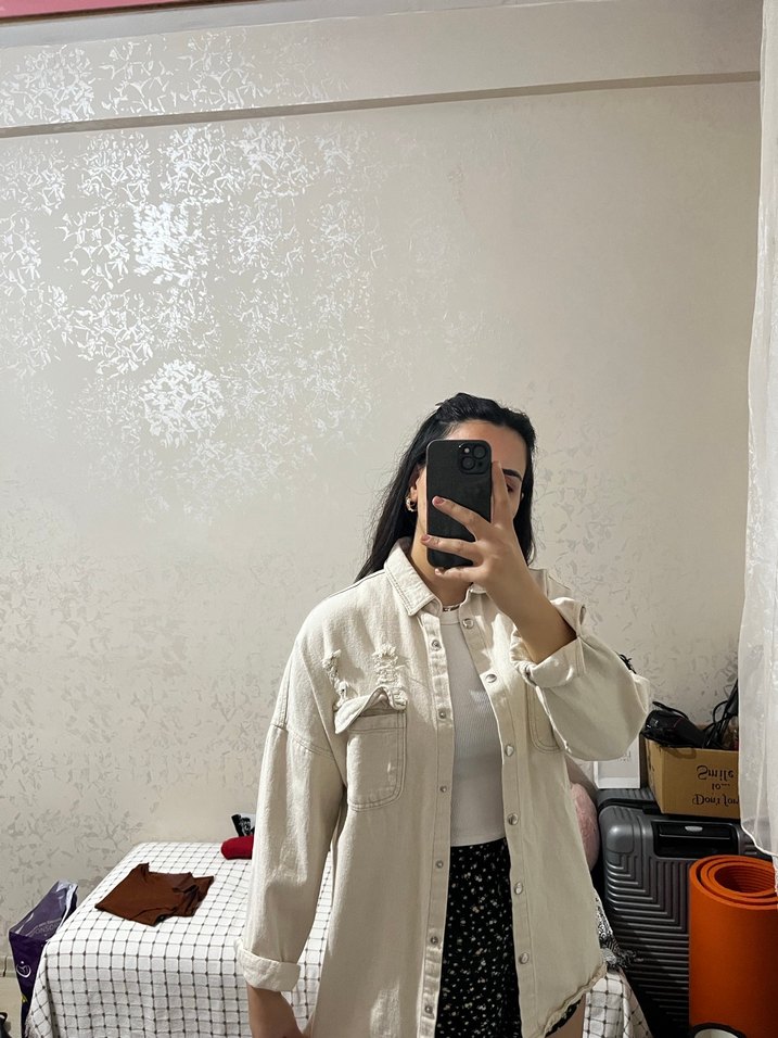 Kadın Beyaz Oversize Denim Ceket - Görsel 3