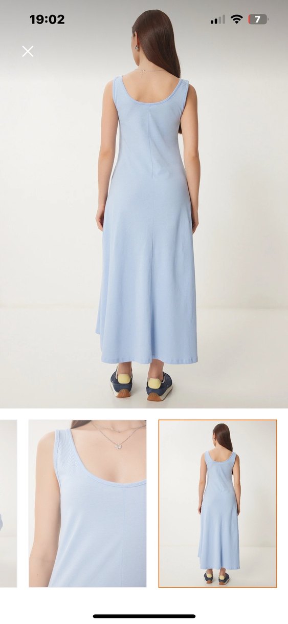 Mavi V Yakalı Uzun Kadın Elbise - Görsel 2