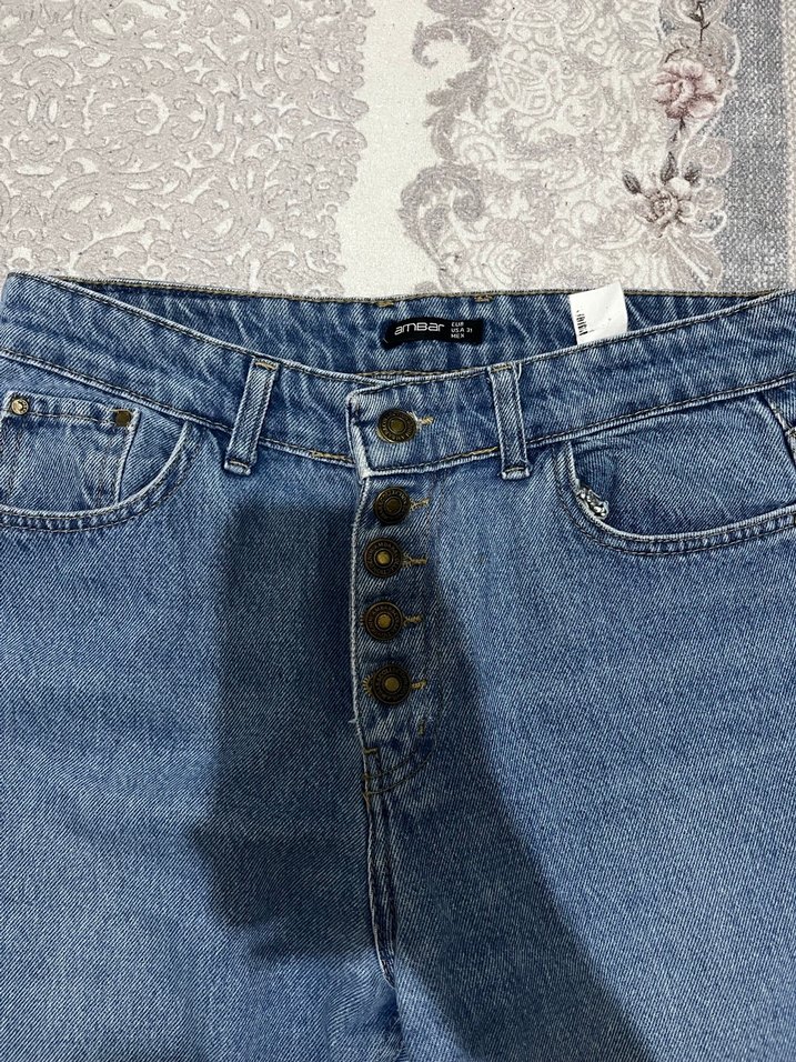 Düğmeli Mavi Kadın Denim Pantolon - Görsel 4
