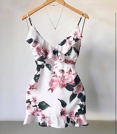 Floral Desen Volan Askılı V Elbise