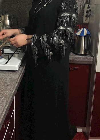 44 Beden Püsküllü Siyah Gotik Uzun Elbise