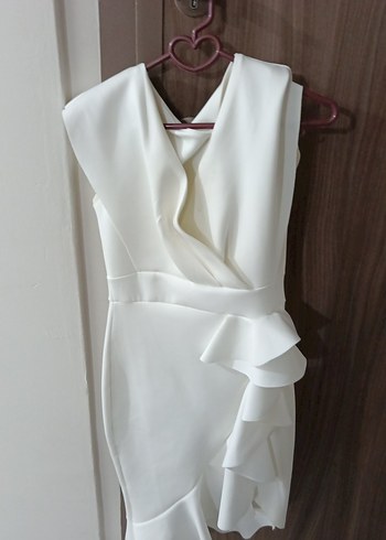 Beyaz Drapeli Midi Abiye Elbise - Görsel 2