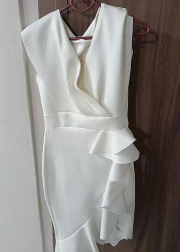 Beyaz Drapeli Midi Abiye Elbise - Görsel 3