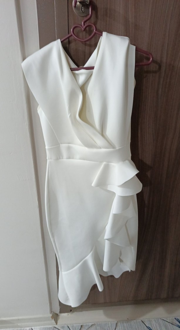 Beyaz Drapeli Midi Abiye Elbise - Görsel 4