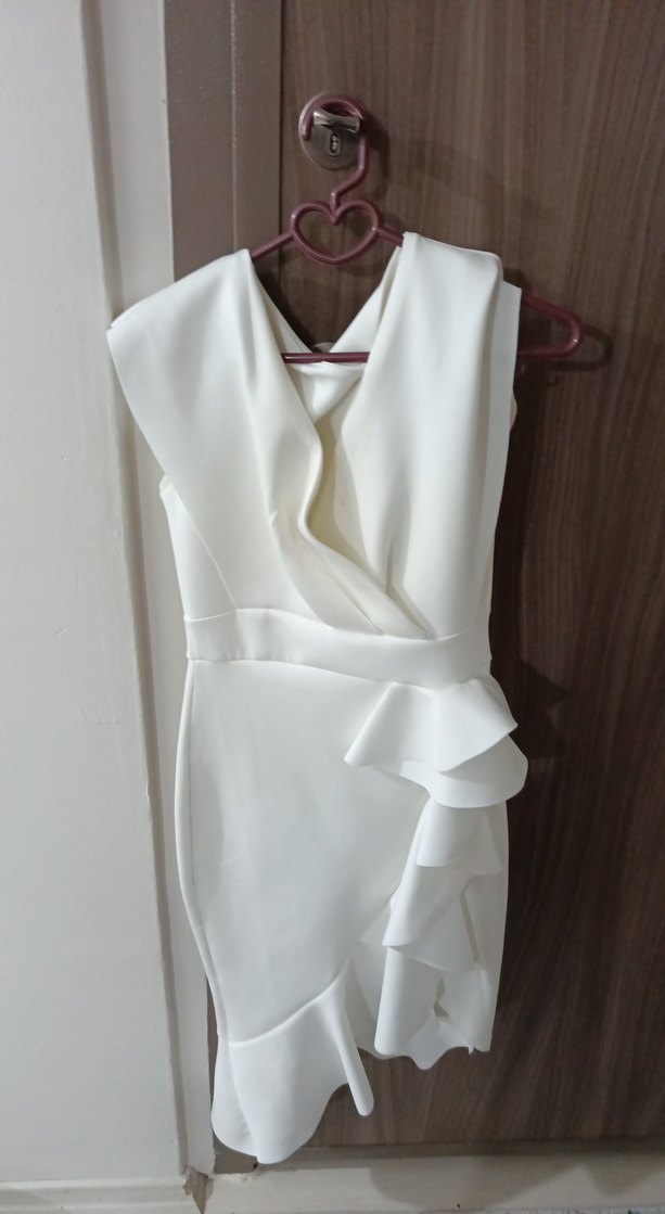 Beyaz Drapeli Midi Abiye Elbise - Görsel 2