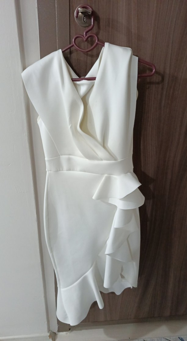 Beyaz Drapeli Midi Abiye Elbise - Görsel 3