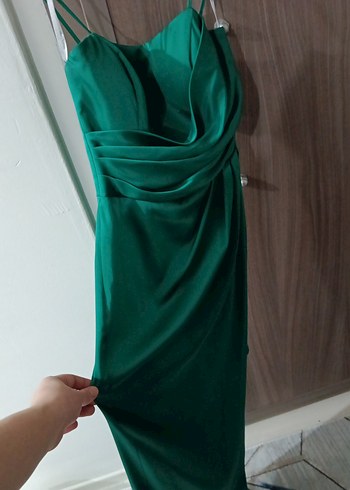 Drapeli Uzun Yeşil Straplez Abiye Elbise - Görsel 4