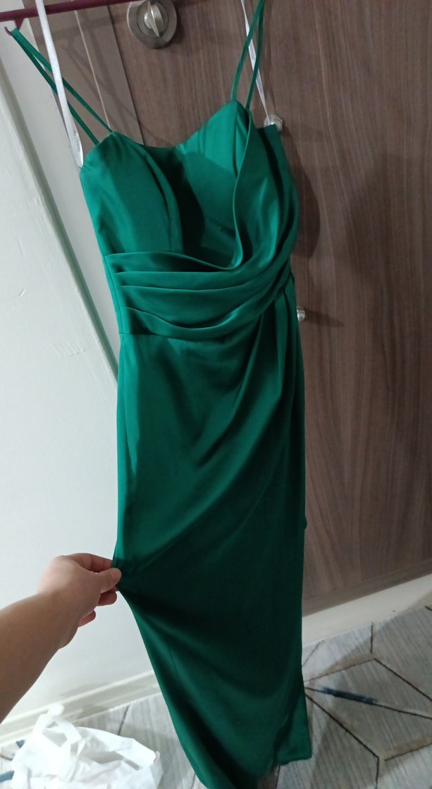 Drapeli Uzun Yeşil Straplez Abiye Elbise - Görsel 4