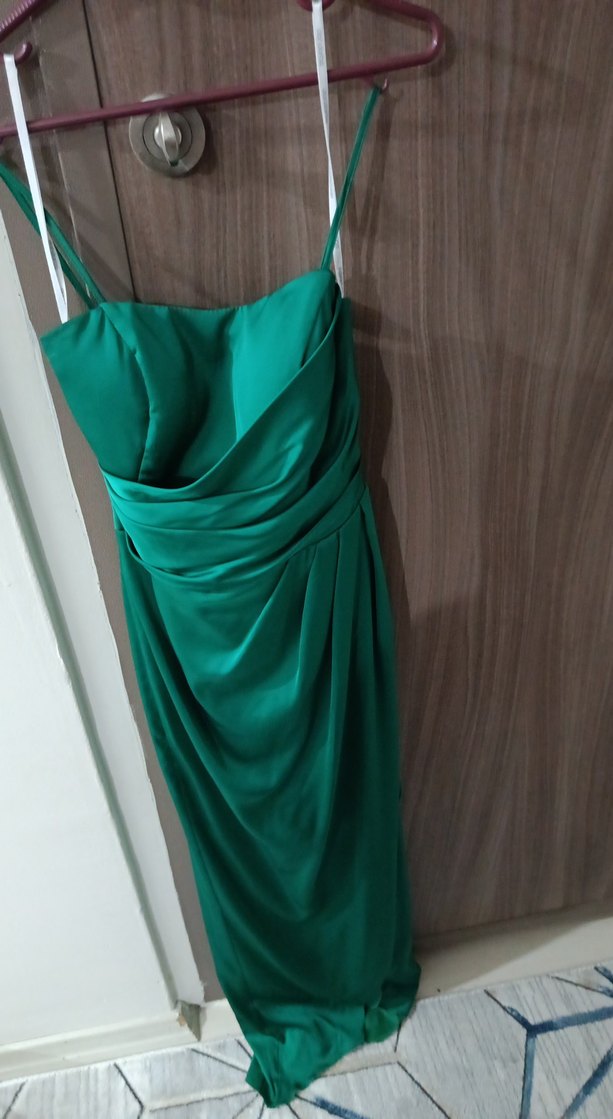 Drapeli Uzun Yeşil Straplez Abiye Elbise - Görsel 2