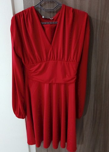 Klasik Kırmızı Midi Elbise V Yakalı - Görsel 2